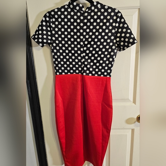 Amazon Vintage Fashion Bodycon Pencil Dress Size Small Navy Blu/White Polka Dots - Picture 5 of 10